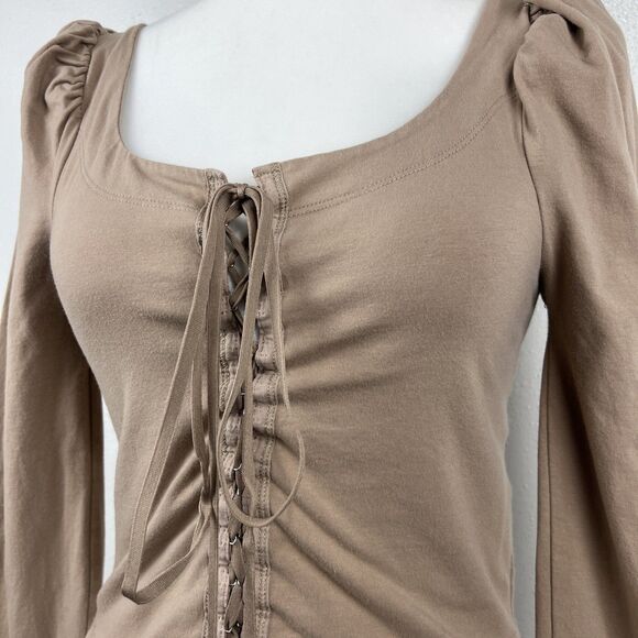 Free People Blouse Women Medium Brown Puff Sleeve Corset Tie Front Scoop Neck - Picture 11 of 15